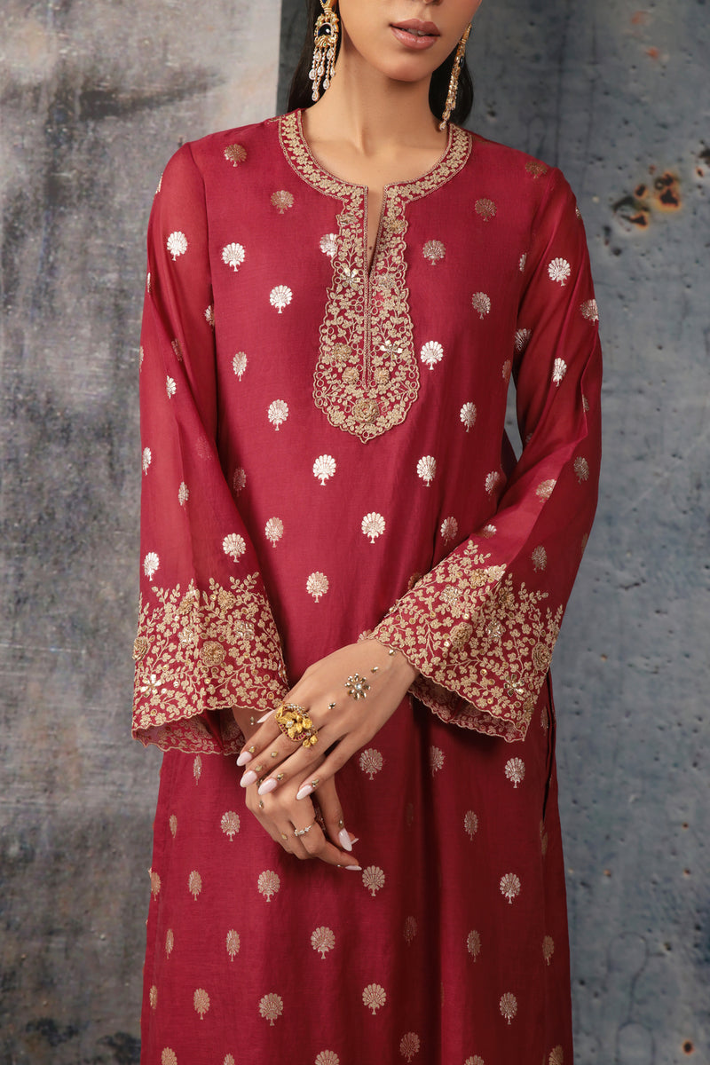 Mehrang Maroon Farshi Kurta Set silk chanderi kurta/kurta set by Niti Bothra in maroon for women Worldwide
