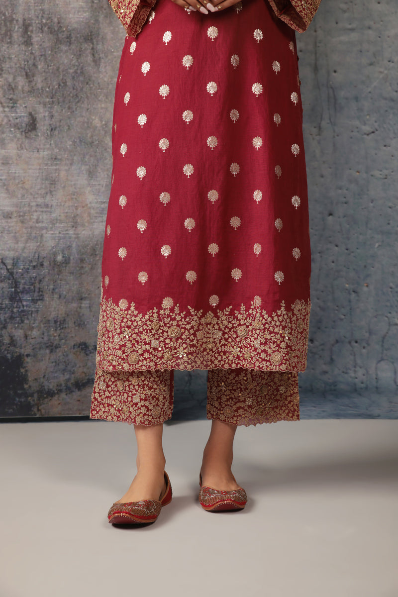 Mehrang Maroon Farshi Kurta Set silk chanderi kurta/kurta set by Niti Bothra in maroon for women Worldwide