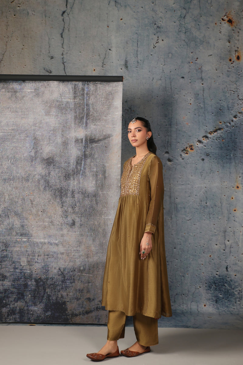 Mehrang Olive Green Frockstyle Kurta Set silk chanderi , silk tencel kurta/kurta set by Niti Bothra in green for women Worldwide