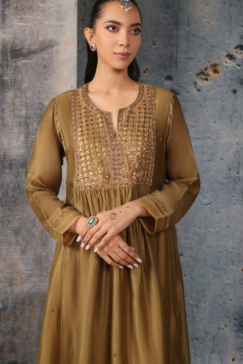 Mehrang Olive Green Frockstyle Kurta Set silk chanderi , silk tencel kurta/kurta set by Niti Bothra in green for women Worldwide