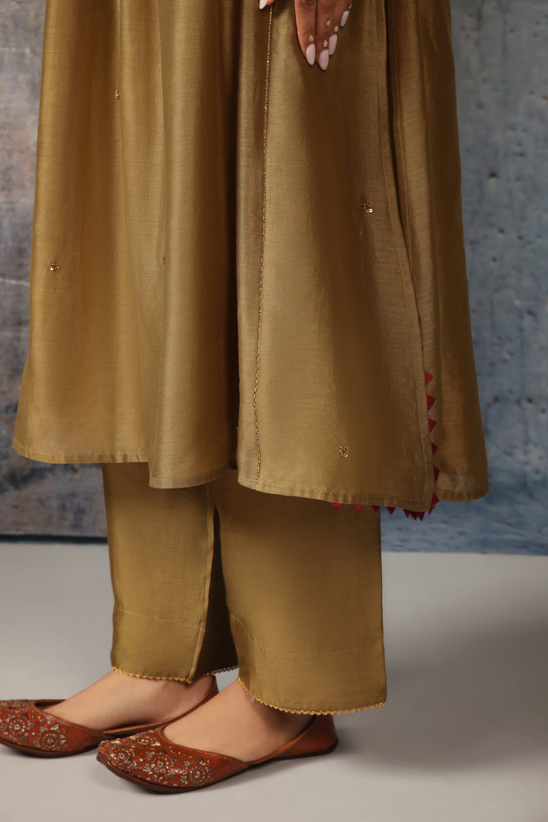 Mehrang Olive Green Frockstyle Kurta Set silk chanderi , silk tencel kurta/kurta set by Niti Bothra in green for women Worldwide