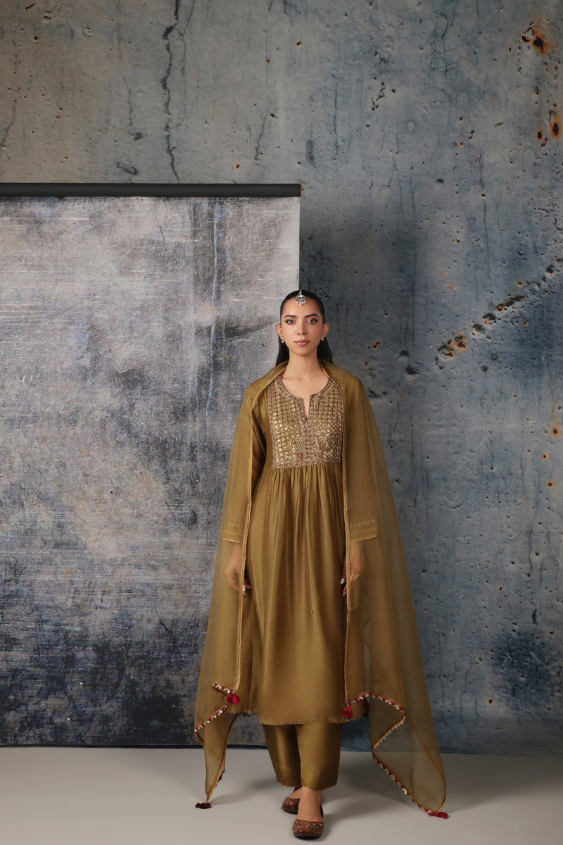 Mehrang Olive Green Frockstyle Kurta Set silk chanderi , silk tencel kurta/kurta set by Niti Bothra in green for women Worldwide
