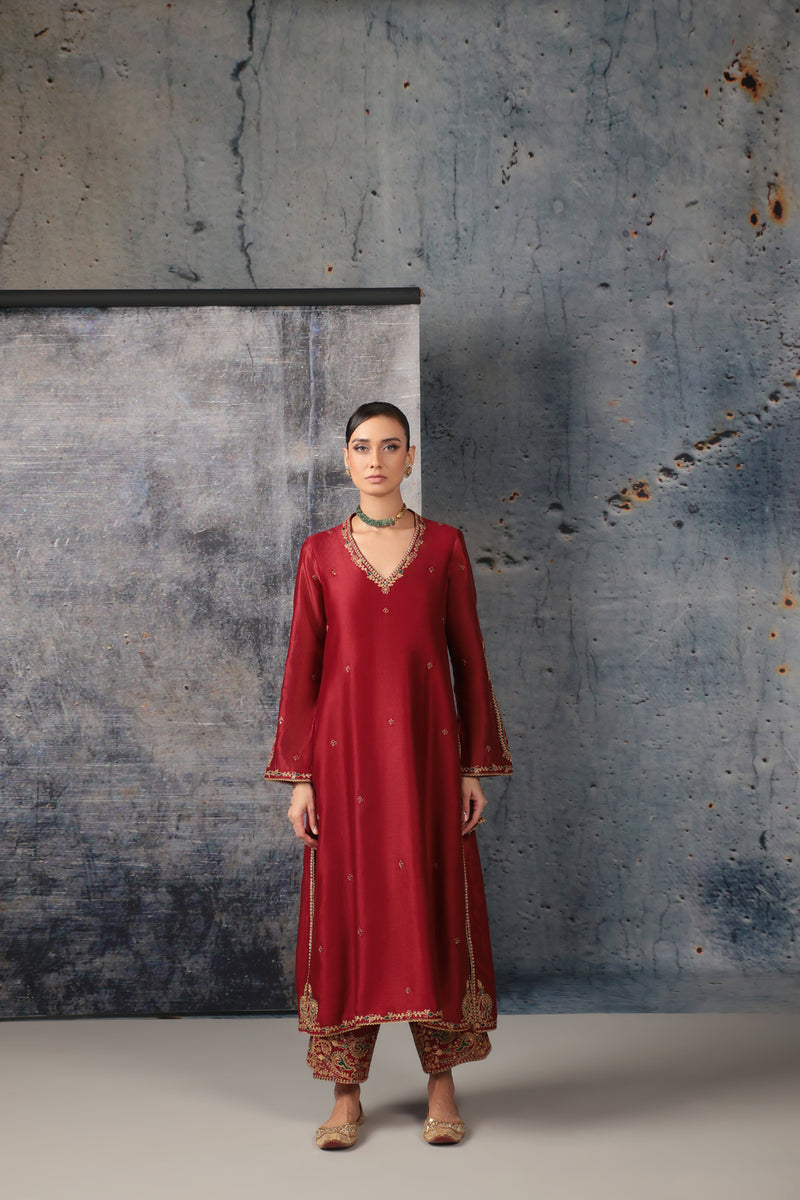 Mehrang Maroon Applique Kurta Set silk chanderi , silk tencel kurta/kurta set by Niti Bothra in maroon for women Worldwide