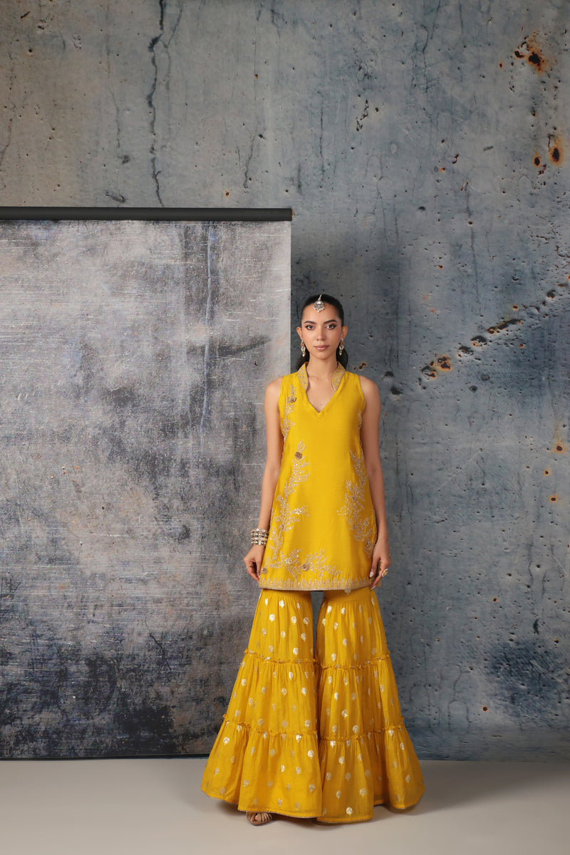 Mehrang Yellow Sleeveless Sharara Set silk chanderi kurta/kurta set by Niti Bothra in yellow for women Worldwide