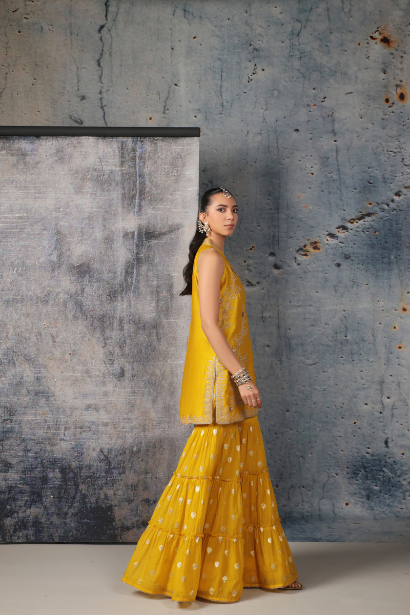 Mehrang Yellow Sleeveless Sharara Set silk chanderi kurta/kurta set by Niti Bothra in yellow for women Worldwide