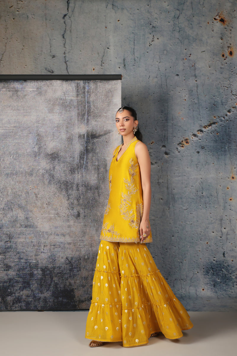 Mehrang Yellow Sleeveless Sharara Set silk chanderi kurta/kurta set by Niti Bothra in yellow for women Worldwide