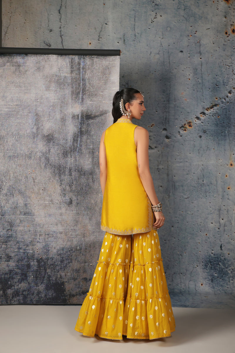 Mehrang Yellow Sleeveless Sharara Set silk chanderi kurta/kurta set by Niti Bothra in yellow for women Worldwide