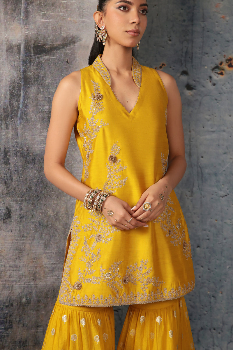 Mehrang Yellow Sleeveless Sharara Set silk chanderi kurta/kurta set by Niti Bothra in yellow for women Worldwide