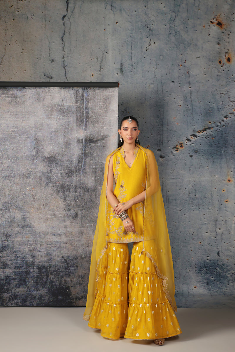Mehrang Yellow Sleeveless Sharara Set silk chanderi kurta/kurta set by Niti Bothra in yellow for women Worldwide