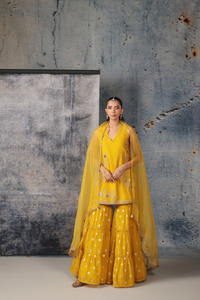Mehrang Yellow Sleeveless Sharara Set silk chanderi kurta/kurta set by Niti Bothra in yellow for women Worldwide