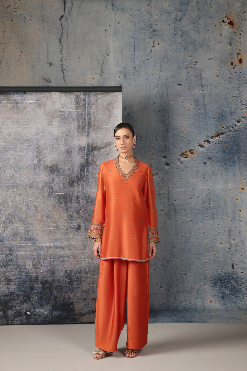 Mehrang Orange V Neck Short Kurta Set silk chanderi , silk tencel kurta/kurta set by Niti Bothra in orange for women Worldwide