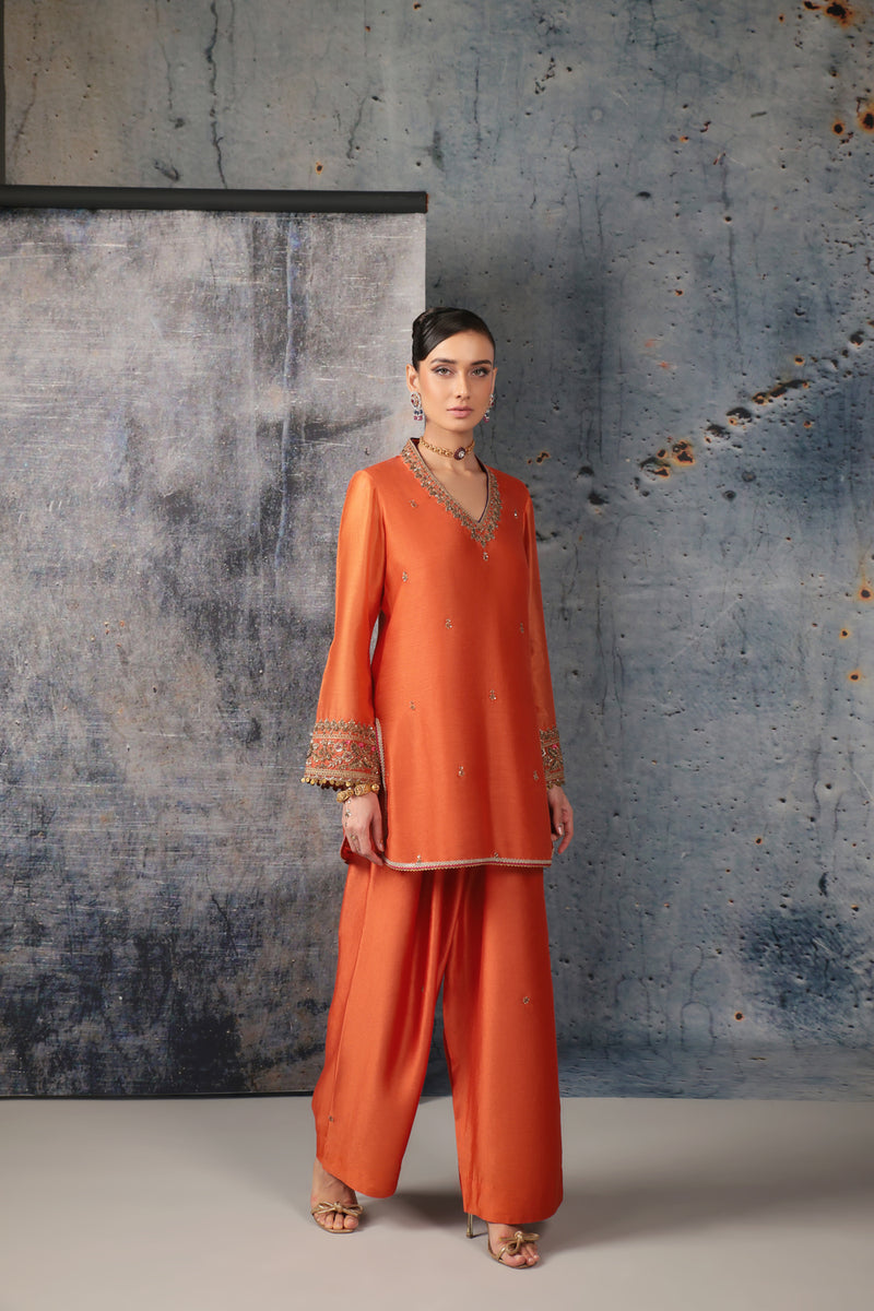 Mehrang Orange V Neck Short Kurta Set silk chanderi , silk tencel kurta/kurta set by Niti Bothra in orange for women Worldwide