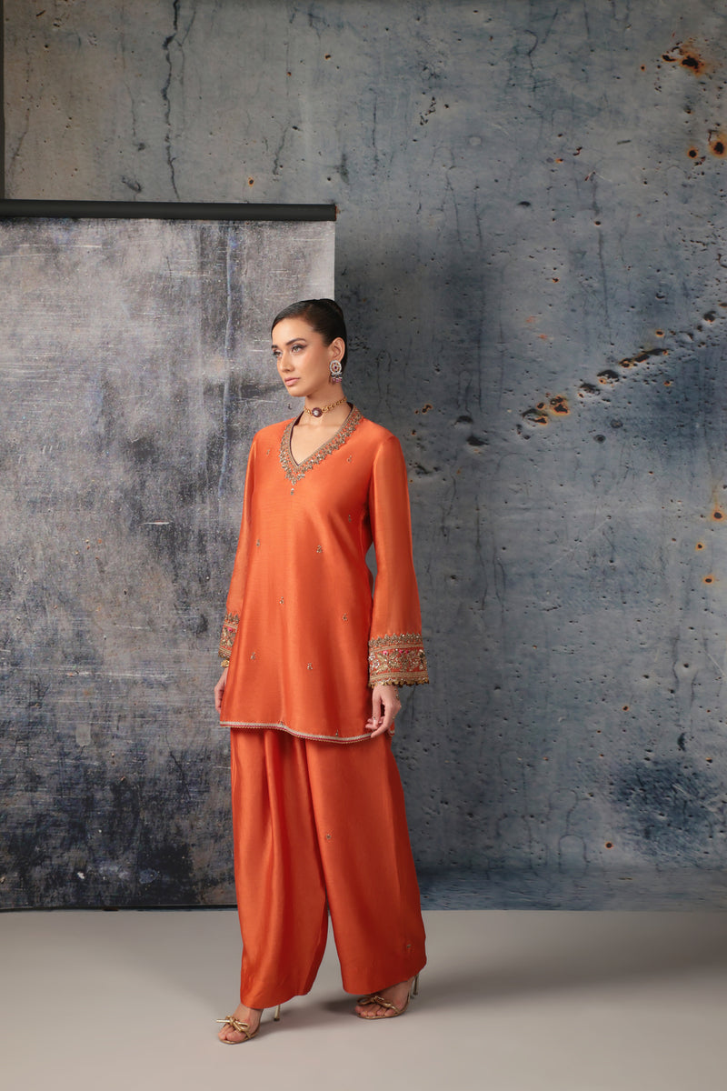 Mehrang Orange V Neck Short Kurta Set silk chanderi , silk tencel kurta/kurta set by Niti Bothra in orange for women Worldwide