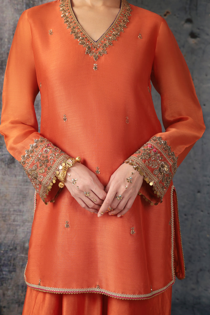 Mehrang Orange V Neck Short Kurta Set silk chanderi , silk tencel kurta/kurta set by Niti Bothra in orange for women Worldwide