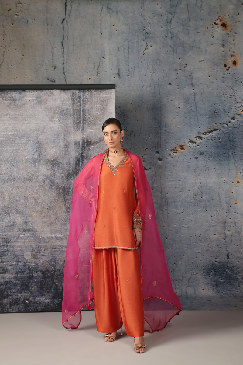 Mehrang Orange V Neck Short Kurta Set silk chanderi , silk tencel kurta/kurta set by Niti Bothra in orange for women Worldwide
