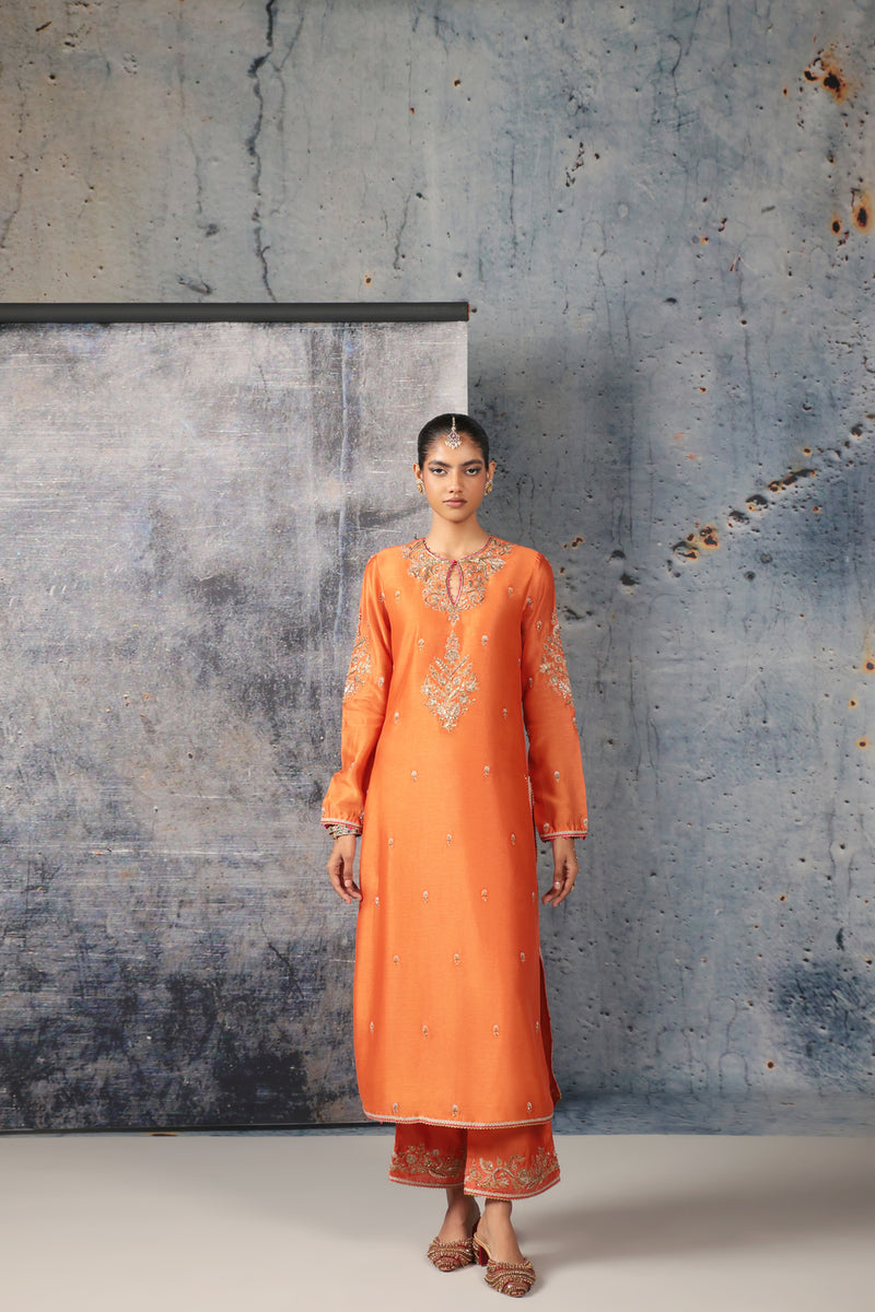 Mehrang Orange Straight Long Kurta Set silk chanderi , silk tencel kurta/kurta set by Niti Bothra in orange for women Worldwide