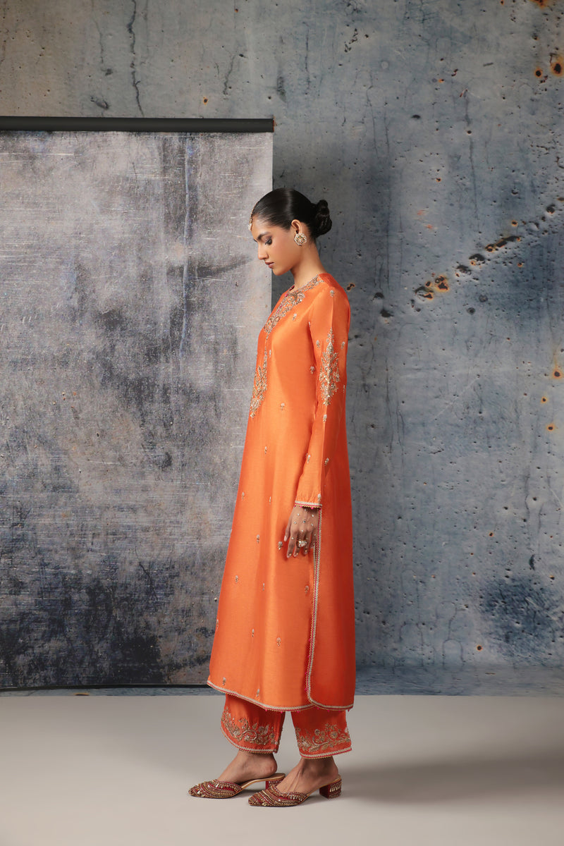 Mehrang Orange Straight Long Kurta Set silk chanderi , silk tencel kurta/kurta set by Niti Bothra in orange for women Worldwide