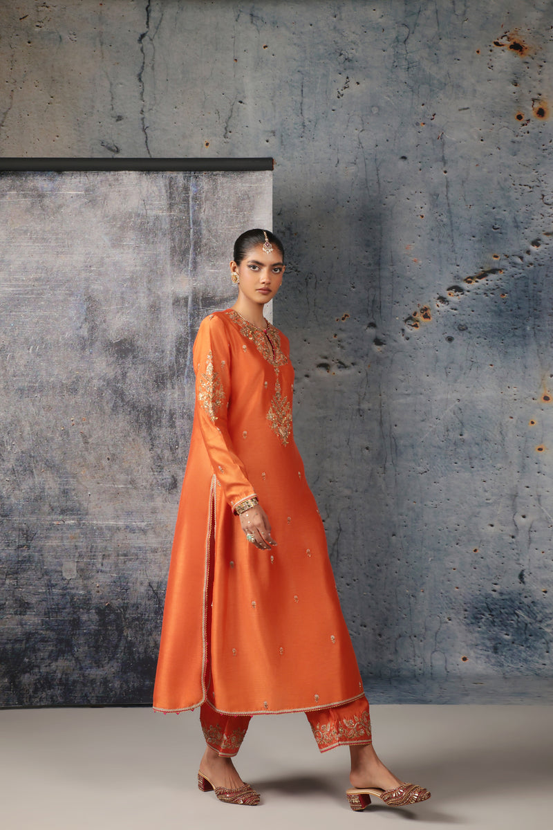 Mehrang Orange Straight Long Kurta Set silk chanderi , silk tencel kurta/kurta set by Niti Bothra in orange for women Worldwide