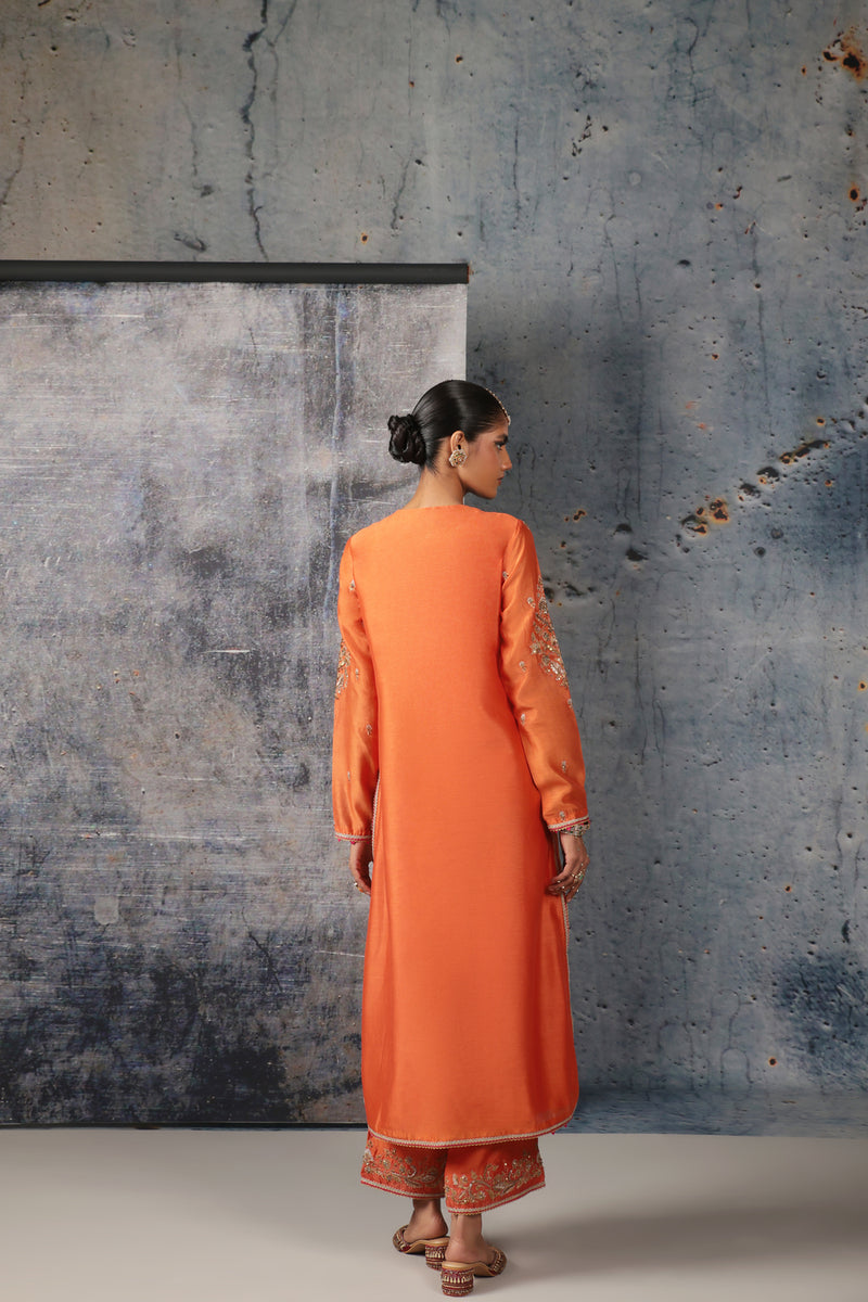 Mehrang Orange Straight Long Kurta Set silk chanderi , silk tencel kurta/kurta set by Niti Bothra in orange for women Worldwide