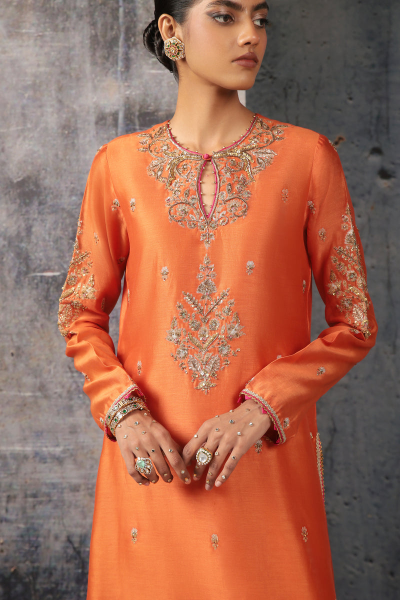 Mehrang Orange Straight Long Kurta Set silk chanderi , silk tencel kurta/kurta set by Niti Bothra in orange for women Worldwide