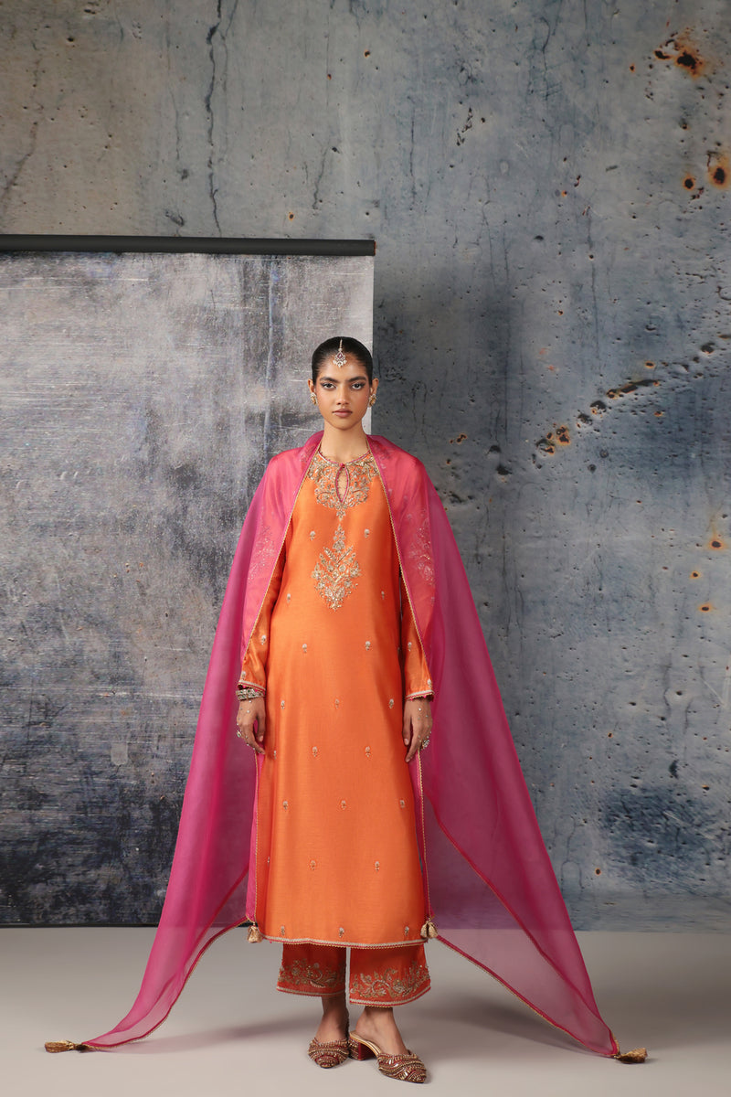 Mehrang Orange Straight Long Kurta Set silk chanderi , silk tencel kurta/kurta set by Niti Bothra in orange for women Worldwide