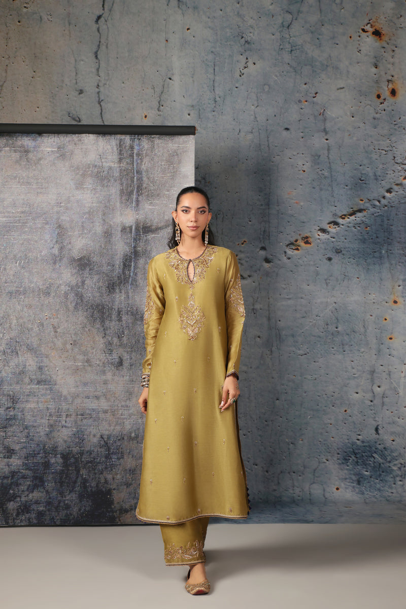 Mehrang Olive Green Straight Long Kurta Set silk chanderi , silk tencel kurta/kurta set by Niti Bothra in green for women Worldwide
