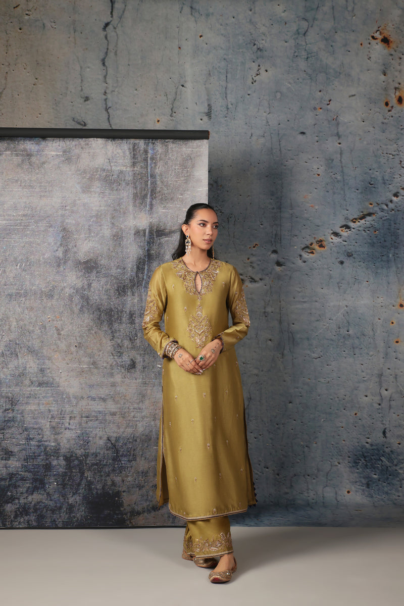 Mehrang Olive Green Straight Long Kurta Set silk chanderi , silk tencel kurta/kurta set by Niti Bothra in green for women Worldwide