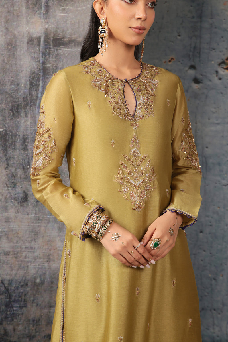 Mehrang Olive Green Straight Long Kurta Set silk chanderi , silk tencel kurta/kurta set by Niti Bothra in green for women Worldwide
