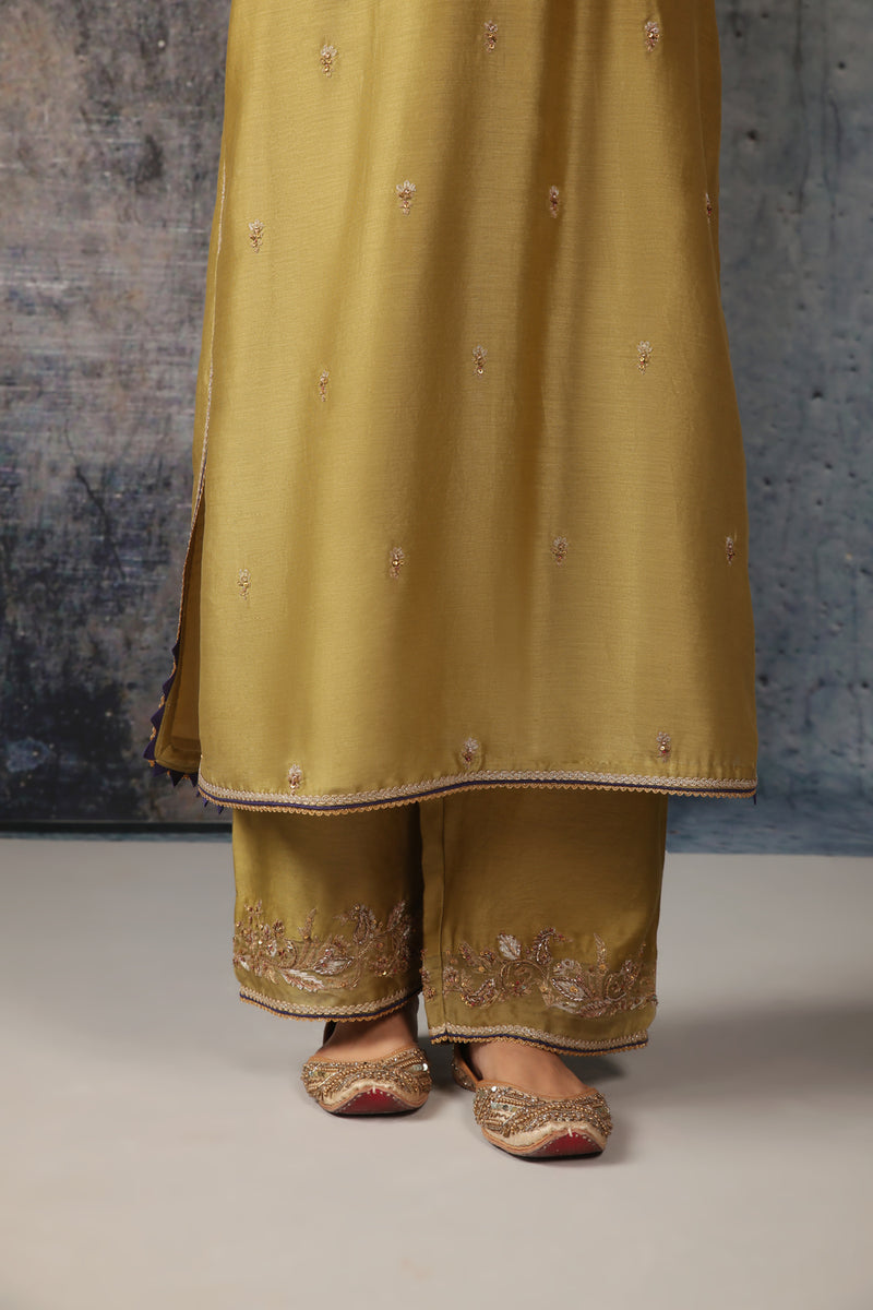 Mehrang Olive Green Straight Long Kurta Set silk chanderi , silk tencel kurta/kurta set by Niti Bothra in green for women Worldwide