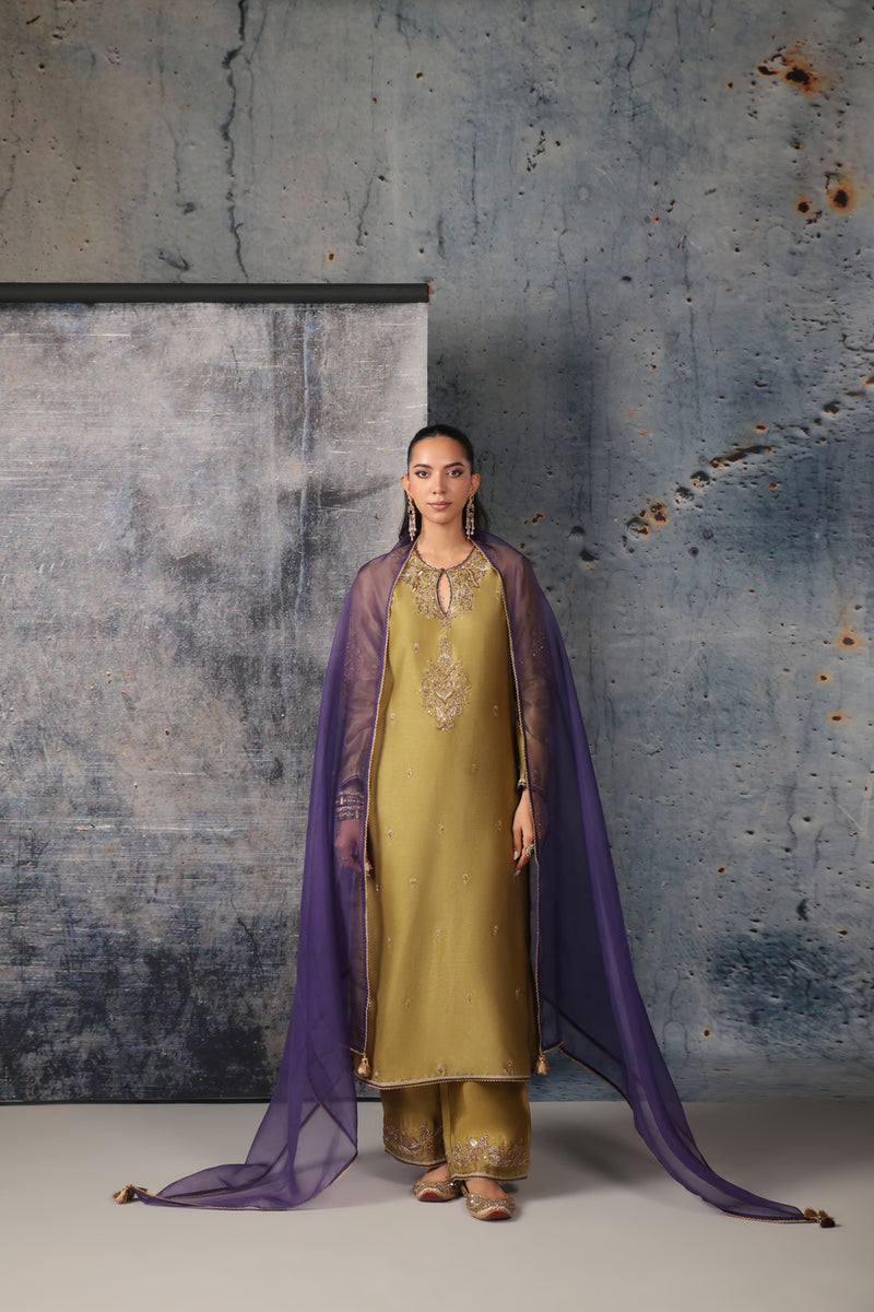 Mehrang Olive Green Straight Long Kurta Set silk chanderi , silk tencel kurta/kurta set by Niti Bothra in green for women Worldwide