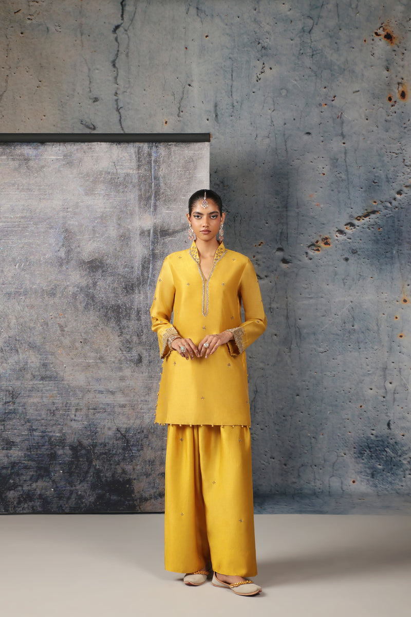 Mehrang Yellow Short Buti Kurta Set silk chanderi , silk tencel kurta/kurta set by Niti Bothra in yellow for women Worldwide