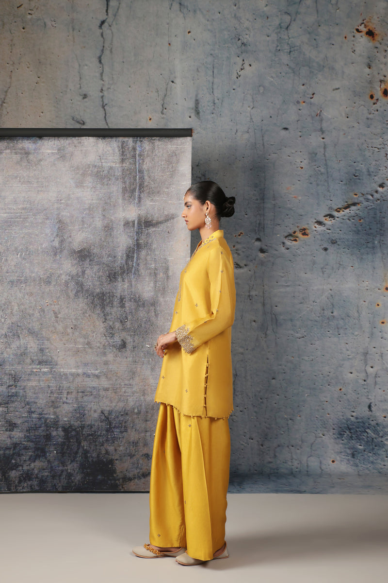 Mehrang Yellow Short Buti Kurta Set silk chanderi , silk tencel kurta/kurta set by Niti Bothra in yellow for women Worldwide