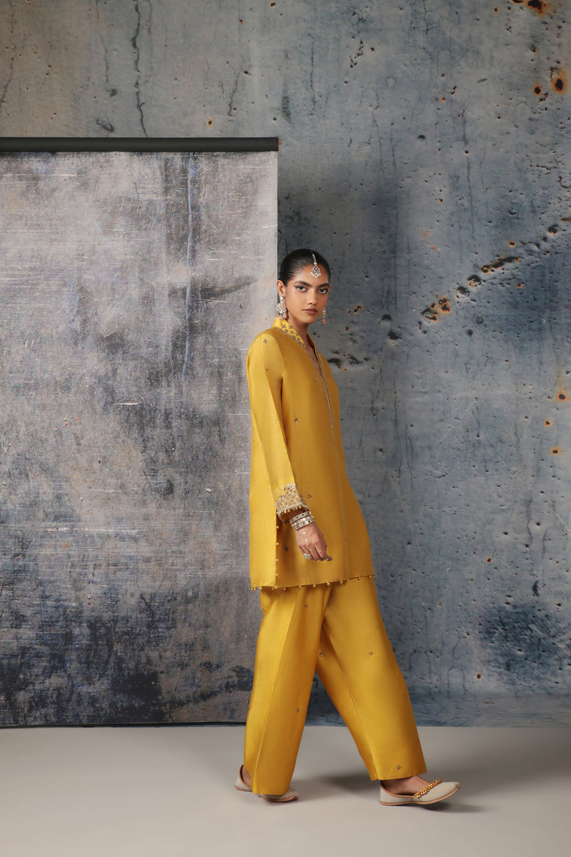 Mehrang Yellow Short Buti Kurta Set silk chanderi , silk tencel kurta/kurta set by Niti Bothra in yellow for women Worldwide