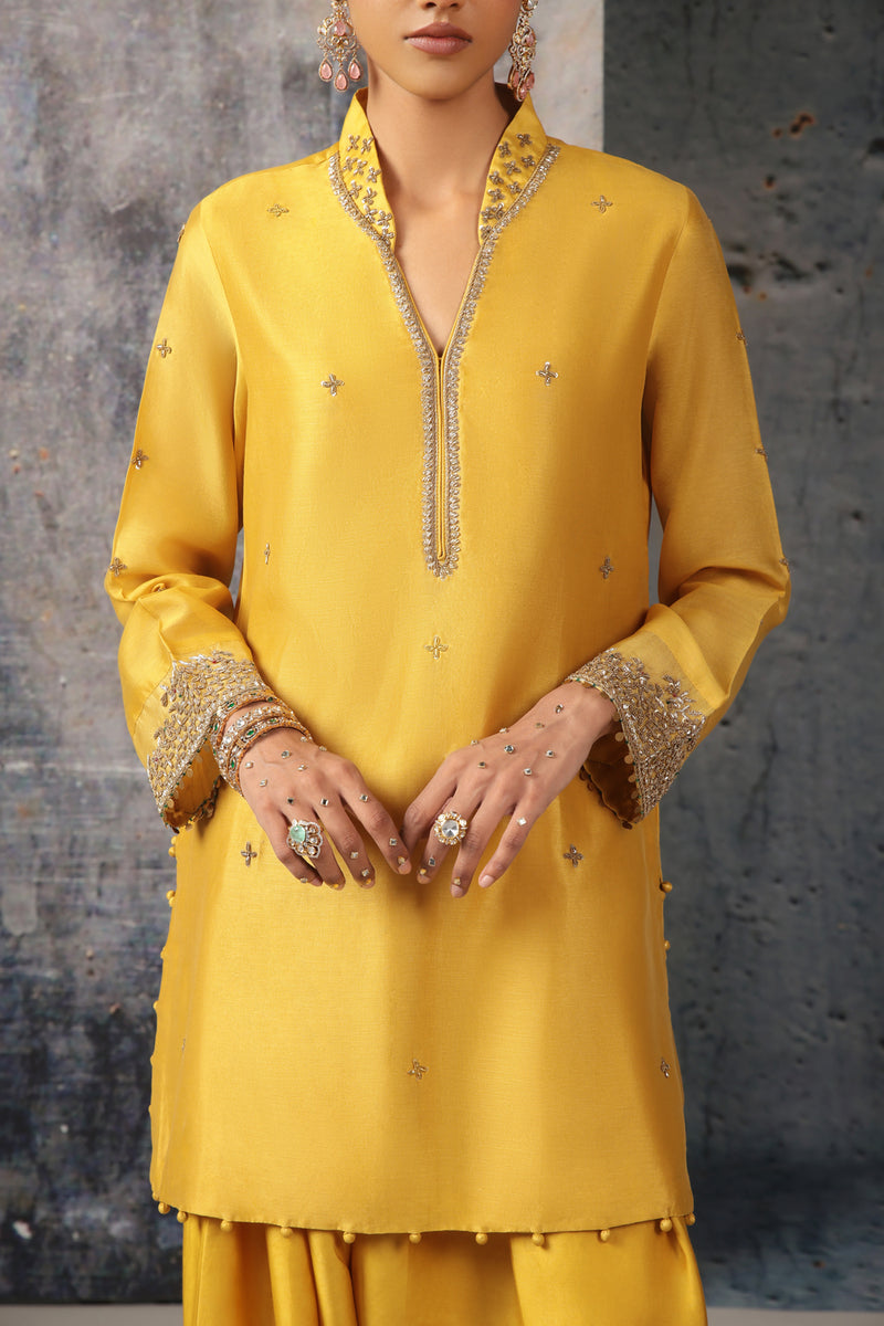 Mehrang Yellow Short Buti Kurta Set silk chanderi , silk tencel kurta/kurta set by Niti Bothra in yellow for women Worldwide
