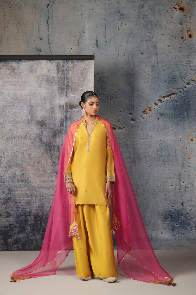 Mehrang Yellow Short Buti Kurta Set silk chanderi , silk tencel kurta/kurta set by Niti Bothra in yellow for women Worldwide