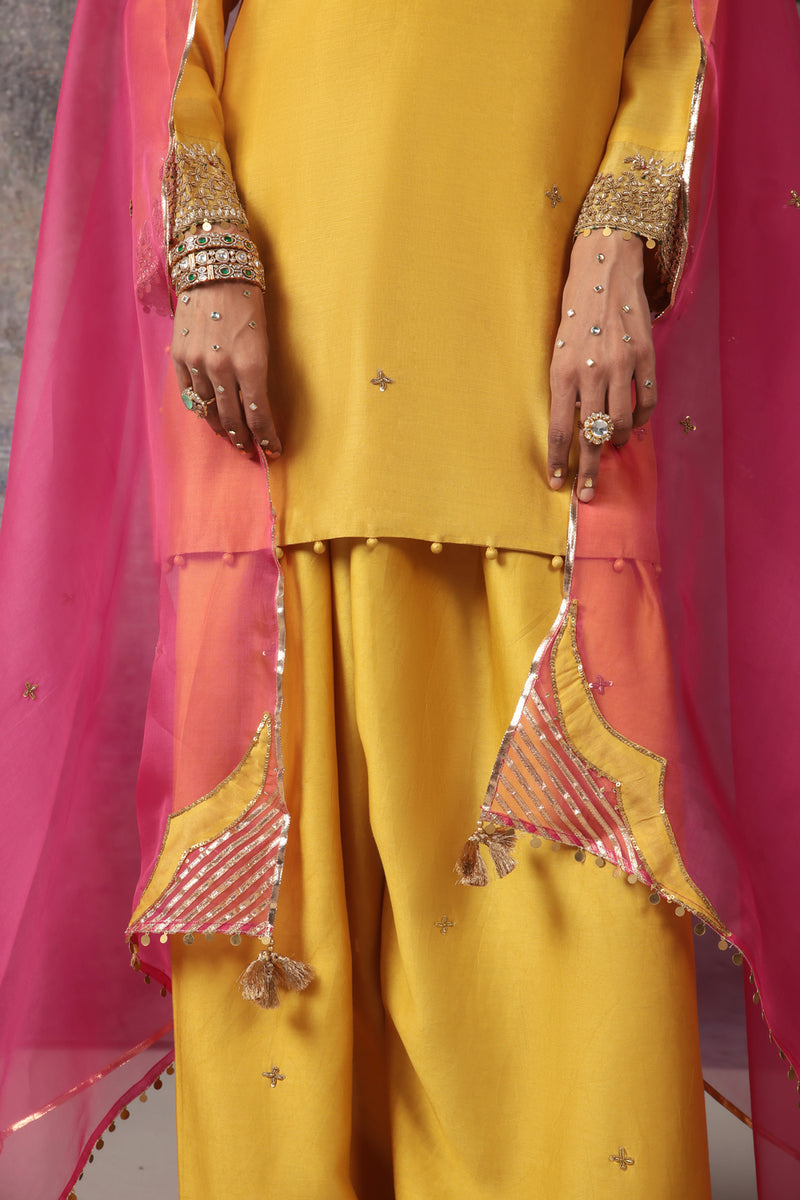 Mehrang Yellow Short Buti Kurta Set silk chanderi , silk tencel kurta/kurta set by Niti Bothra in yellow for women Worldwide