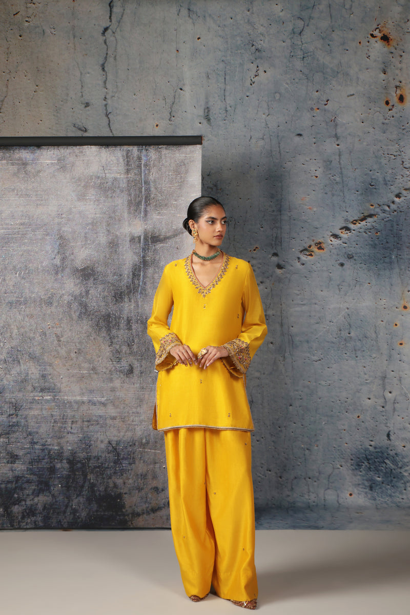 Mehrang Yellow V Neck Short Kurta Set silk chanderi , silk tencel kurta/kurta set by Niti Bothra in yellow for women Worldwide