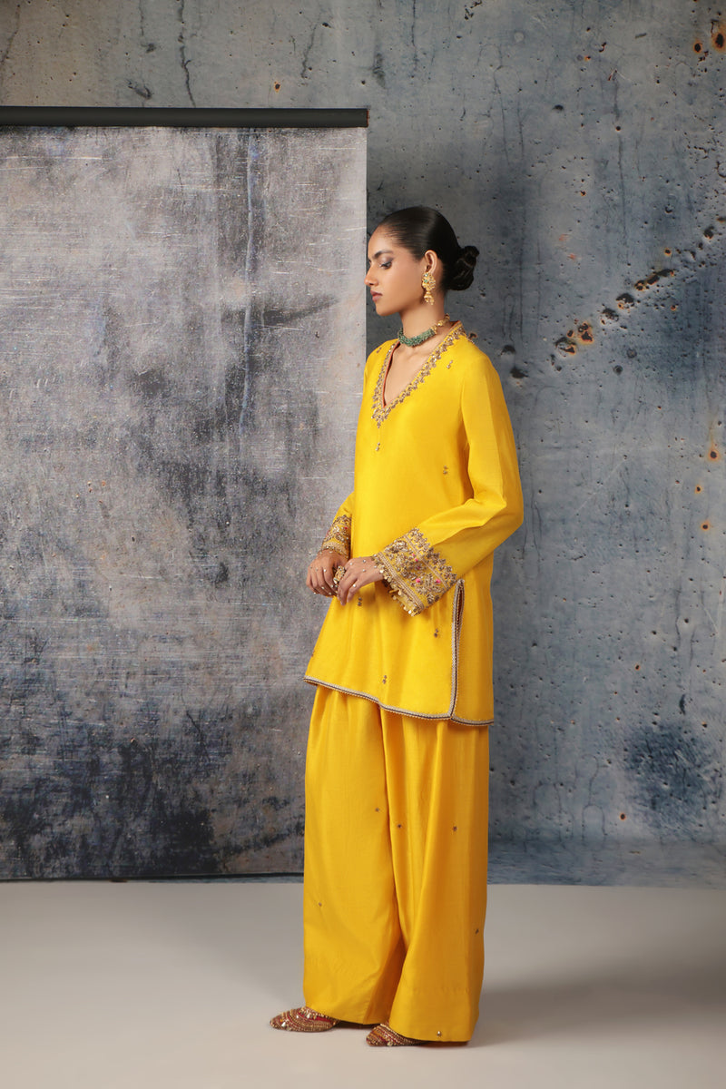 Mehrang Yellow V Neck Short Kurta Set silk chanderi , silk tencel kurta/kurta set by Niti Bothra in yellow for women Worldwide