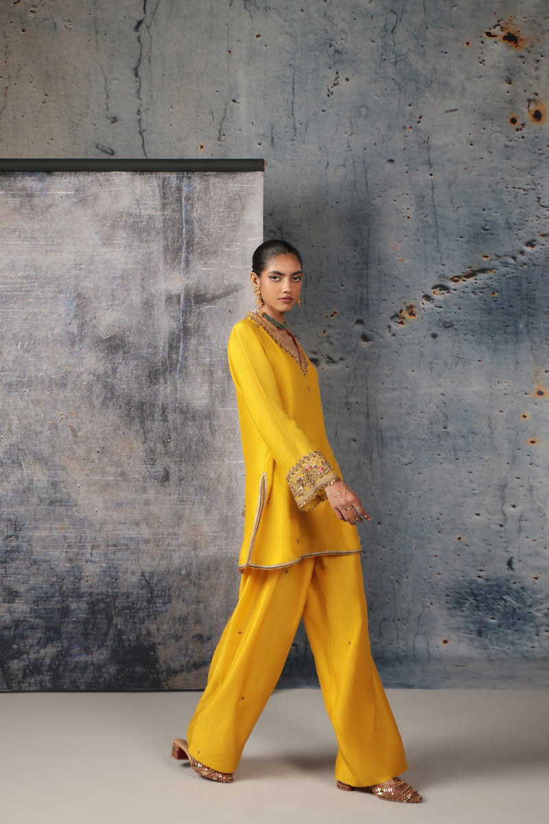 Mehrang Yellow V Neck Short Kurta Set silk chanderi , silk tencel kurta/kurta set by Niti Bothra in yellow for women Worldwide