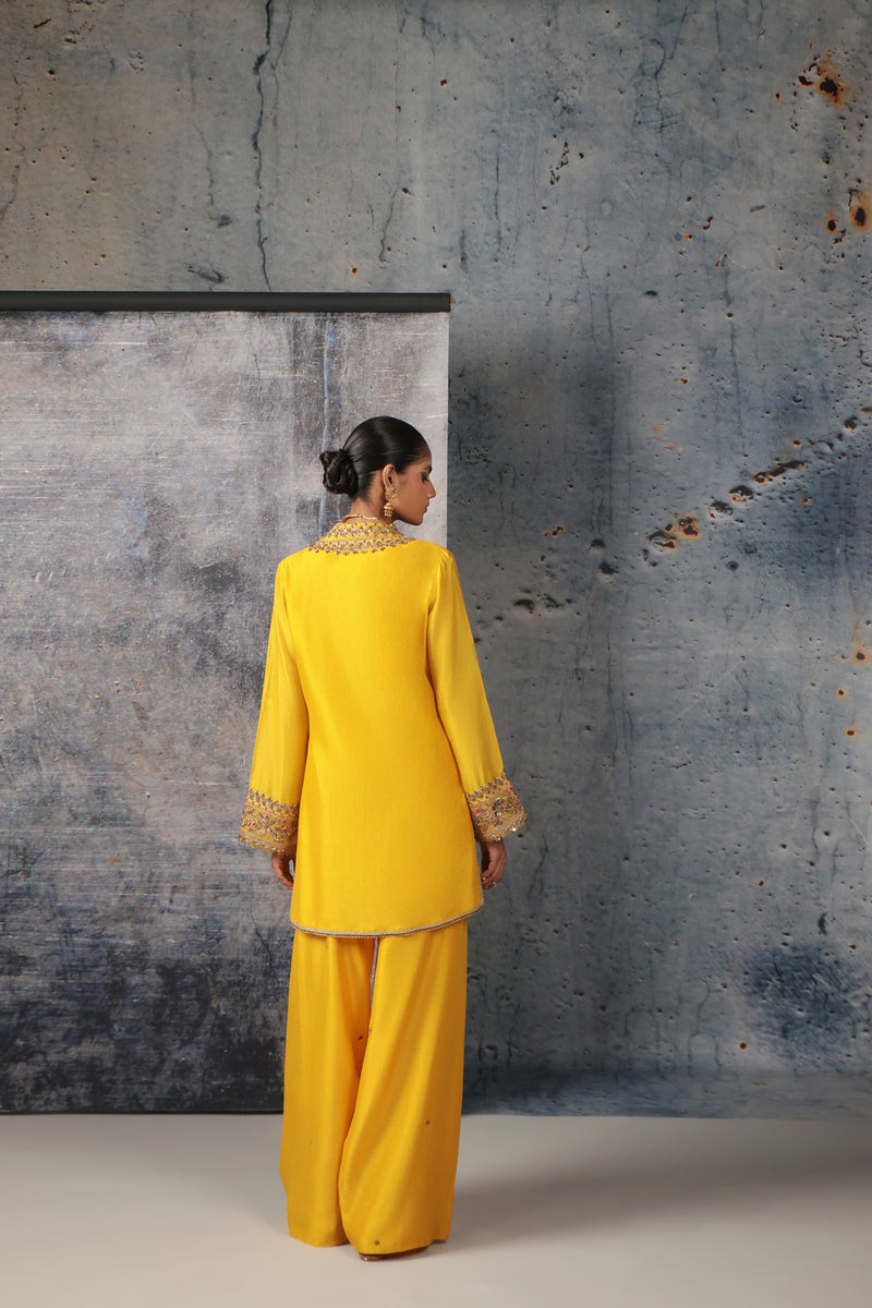 Mehrang Yellow V Neck Short Kurta Set silk chanderi , silk tencel kurta/kurta set by Niti Bothra in yellow for women Worldwide