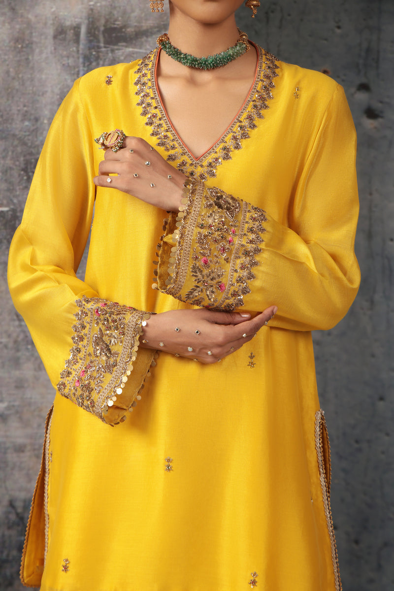 Mehrang Yellow V Neck Short Kurta Set silk chanderi , silk tencel kurta/kurta set by Niti Bothra in yellow for women Worldwide