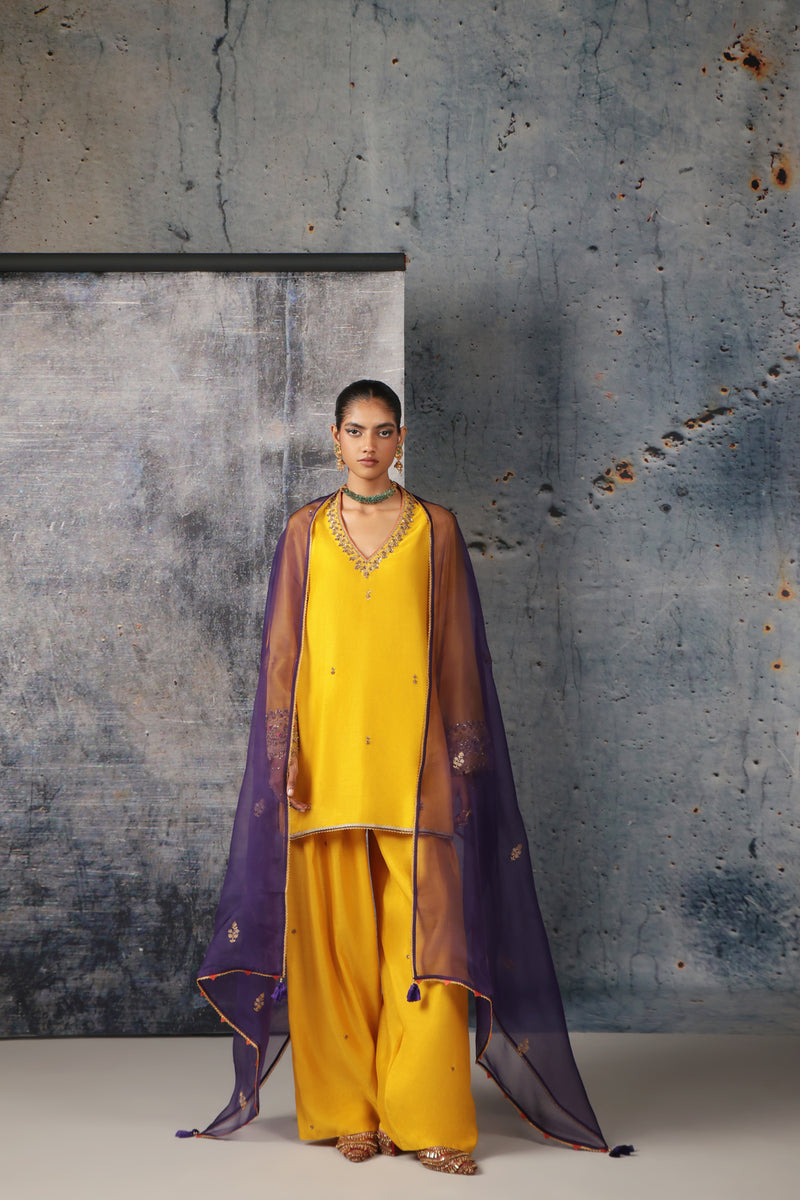 Mehrang Yellow V Neck Short Kurta Set silk chanderi , silk tencel kurta/kurta set by Niti Bothra in yellow for women Worldwide