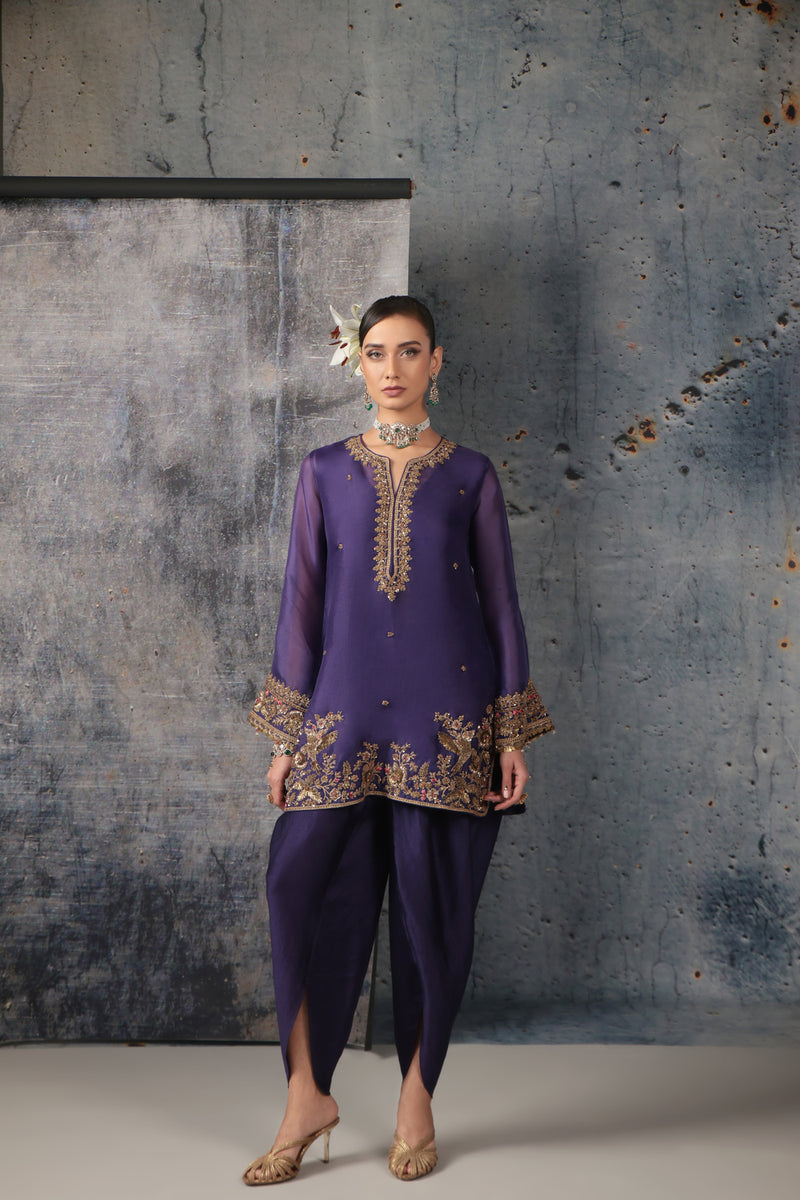 Zar-Rang Purple Heavy Short Kurta Set organza, silk tencel kurta/kurta set by Niti Bothra in purple for women Worldwide