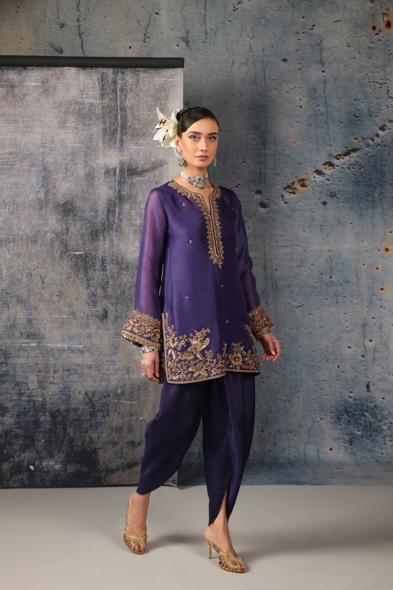 Zar-Rang Purple Heavy Short Kurta Set organza, silk tencel kurta/kurta set by Niti Bothra in purple for women Worldwide
