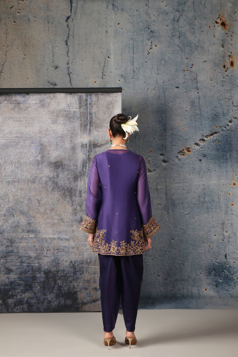 Zar-Rang Purple Heavy Short Kurta Set organza, silk tencel kurta/kurta set by Niti Bothra in purple for women Worldwide