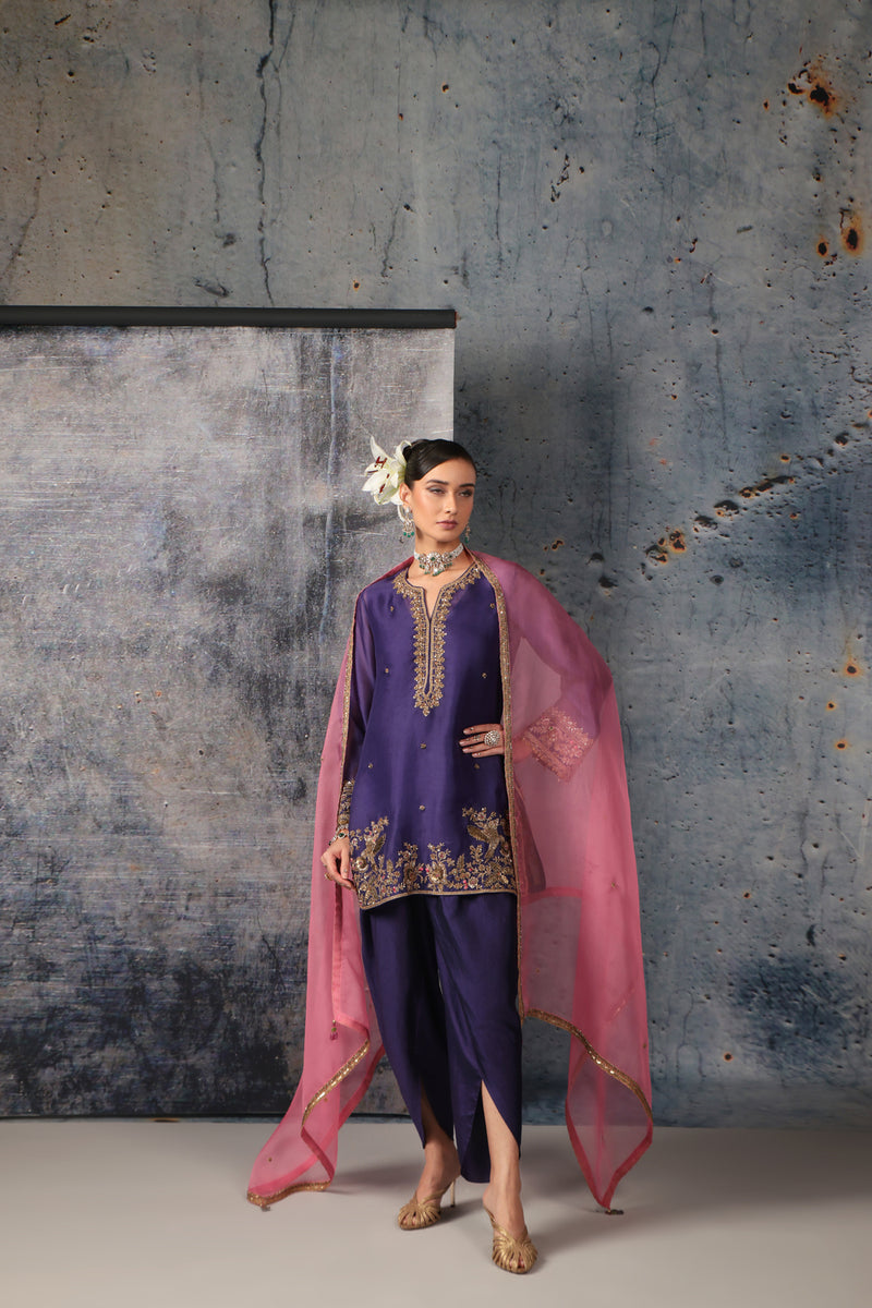 Zar-Rang Purple Heavy Short Kurta Set organza, silk tencel kurta/kurta set by Niti Bothra in purple for women Worldwide