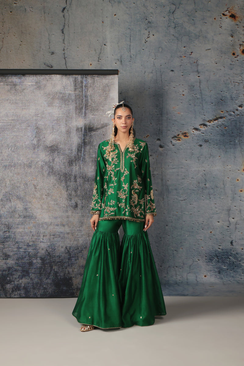 Zar-Rang Green Jaal Sharara Set silk chanderi kurta/kurta set by Niti Bothra in green for women Worldwide