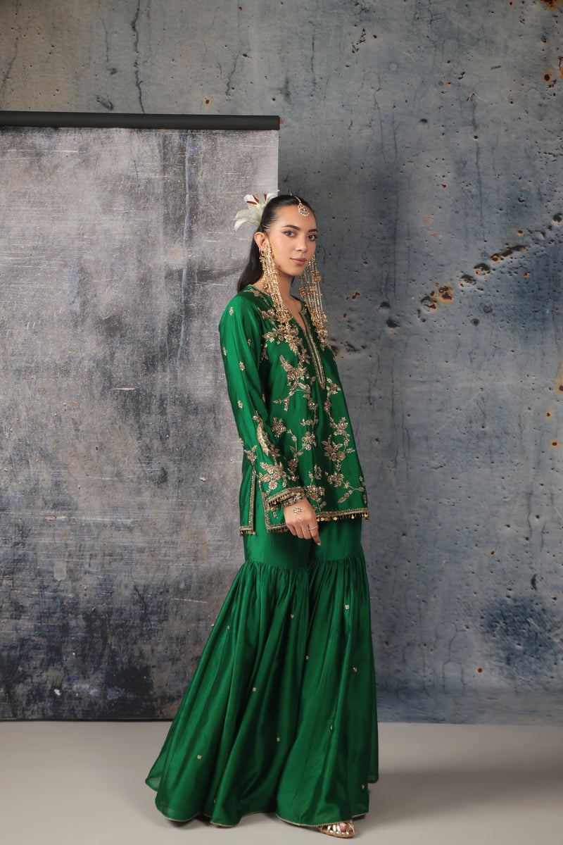Zar-Rang Green Jaal Sharara Set silk chanderi kurta/kurta set by Niti Bothra in green for women Worldwide