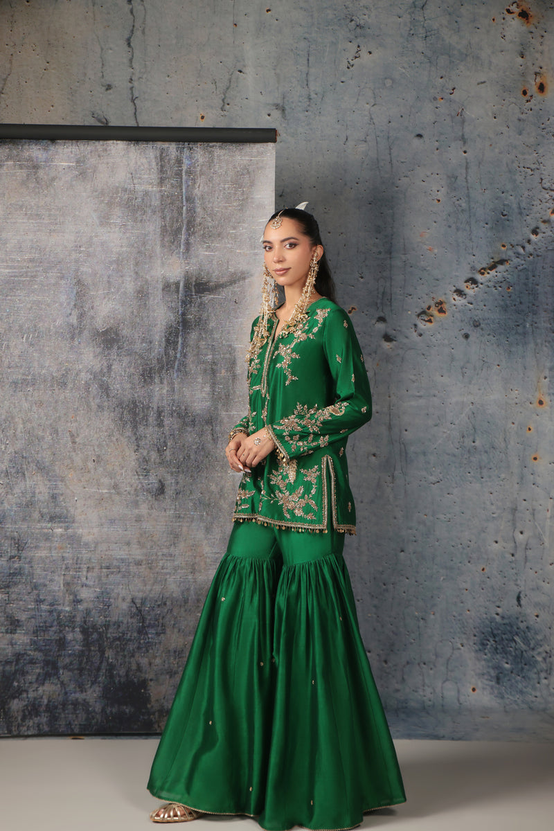 Zar-Rang Green Jaal Sharara Set silk chanderi kurta/kurta set by Niti Bothra in green for women Worldwide