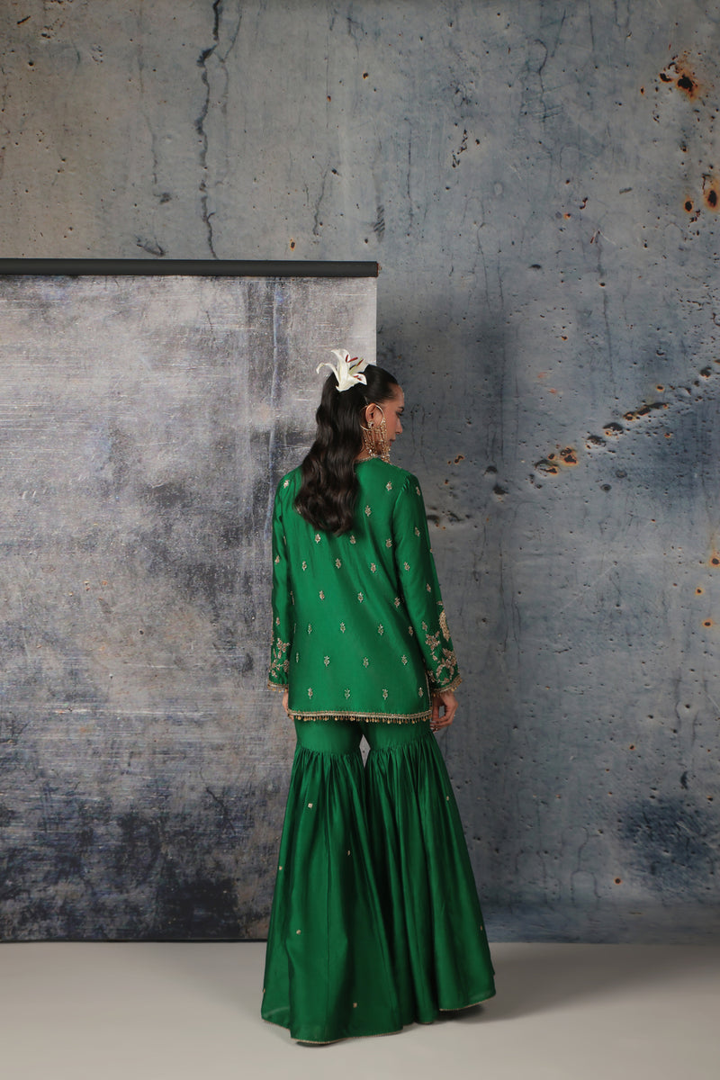 Zar-Rang Green Jaal Sharara Set silk chanderi kurta/kurta set by Niti Bothra in green for women Worldwide